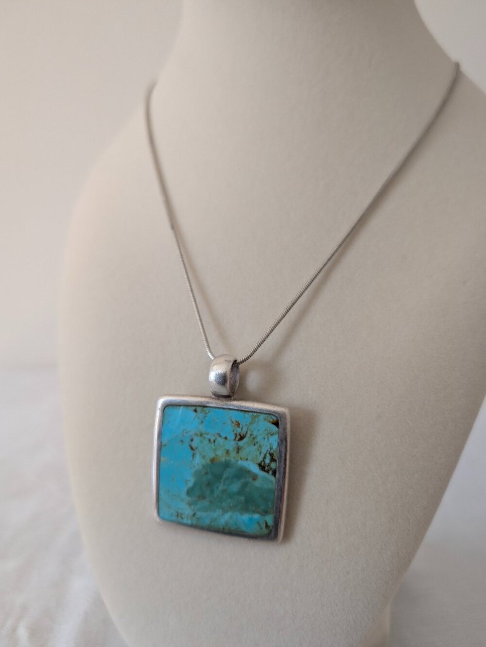 Vintage 925 Sterling silver turquoise necklace with large square pendant unisex